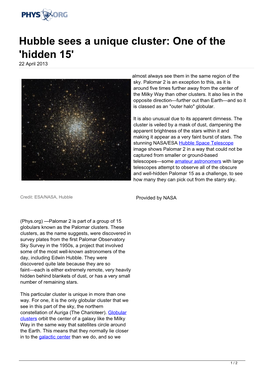 Hubble Sees a Unique Cluster: One of the 'Hidden 15' 22 April 2013
