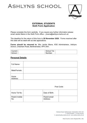 EXTERNAL STUDENTS Sixth Form Application Personal Details