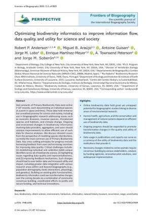Optimizing Biodiversity Informatics to Improve Information Flow, Data Quality, and Utility for Science and Society