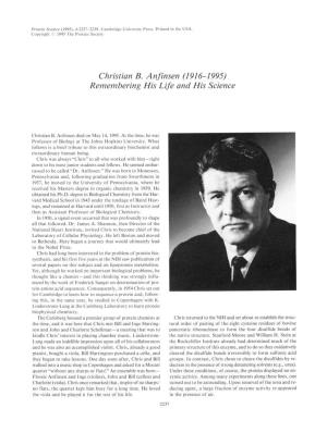Christian B. Anfinsen (1916-1995) Remembering His Life and His Science