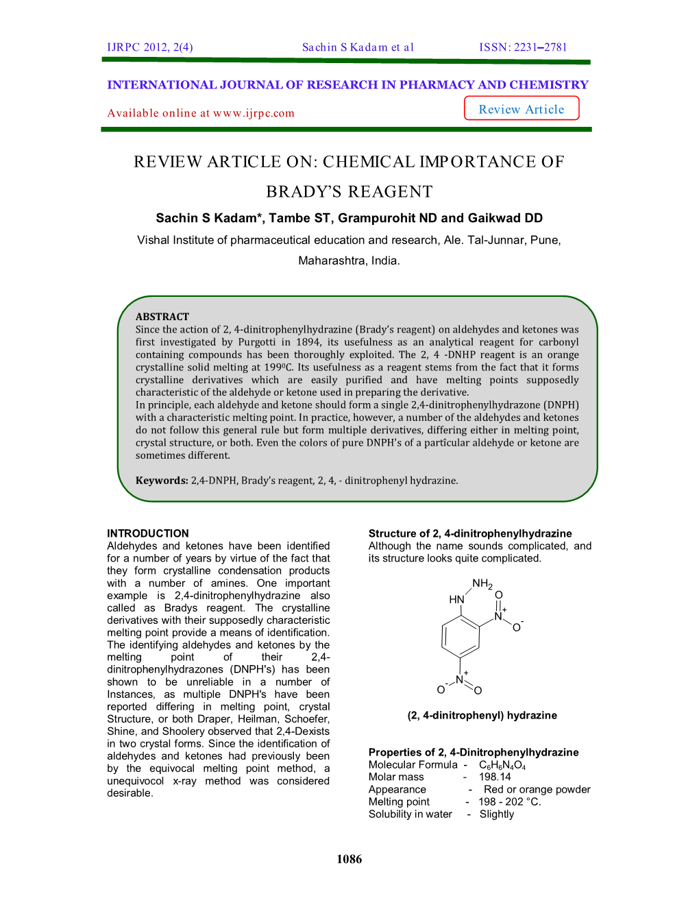 Chemical Importance of Brady's Reagent