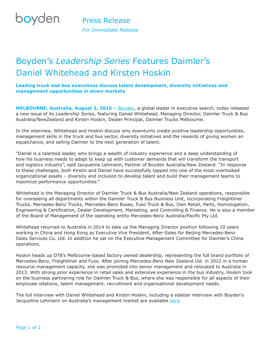 Boyden's Leadership Series Features Daimler's Daniel Whitehead And