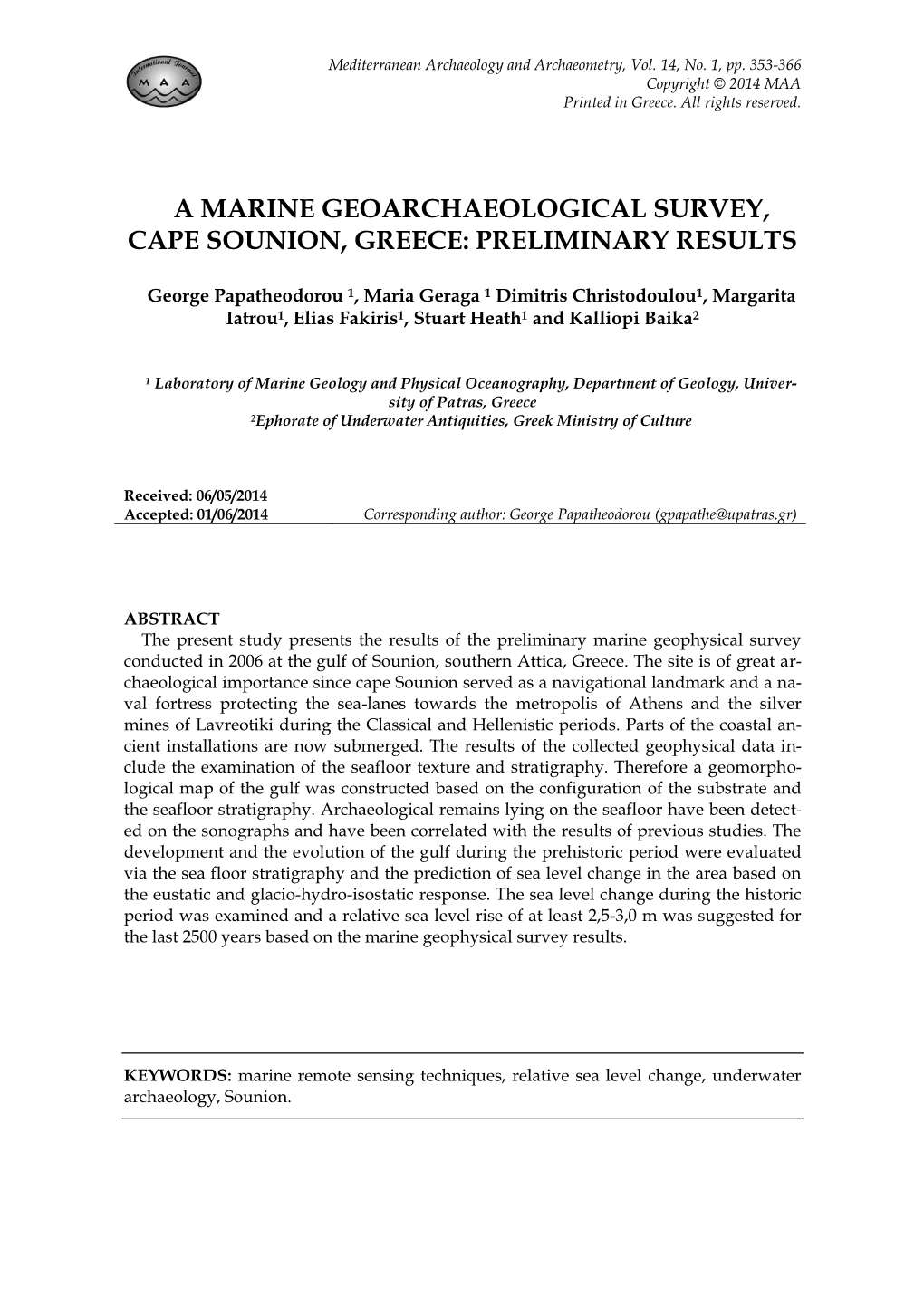 A Marine Geoarchaeological Survey, Cape Sounion, Greece: Preliminary Results