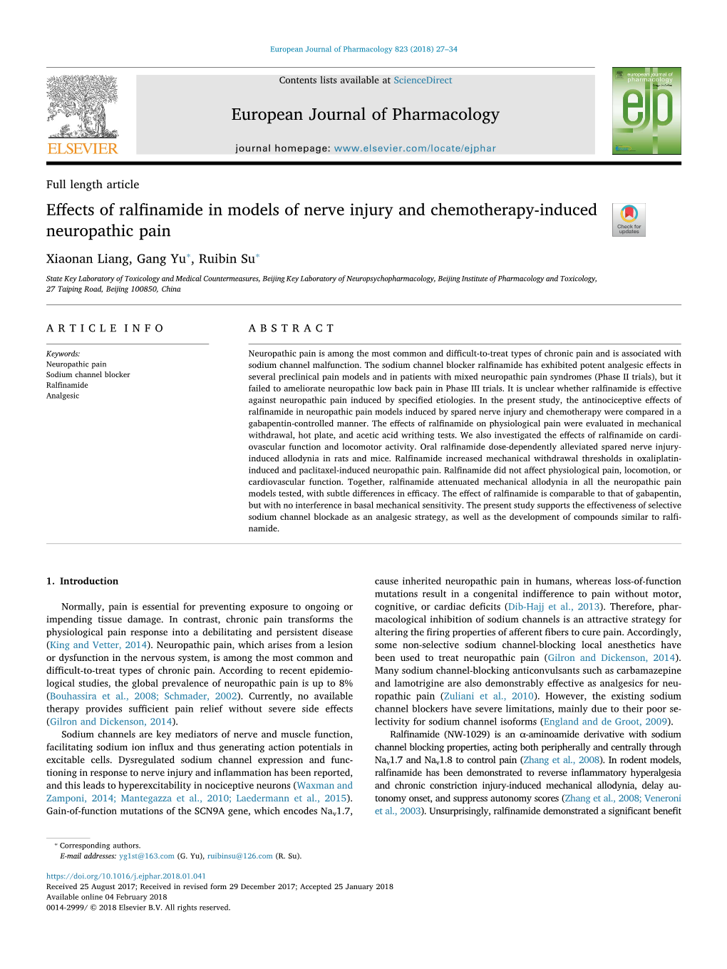 Effects of Ralfinamide in Models of Nerve Injury and Chemotherapy-Induced Neuropathic Pain