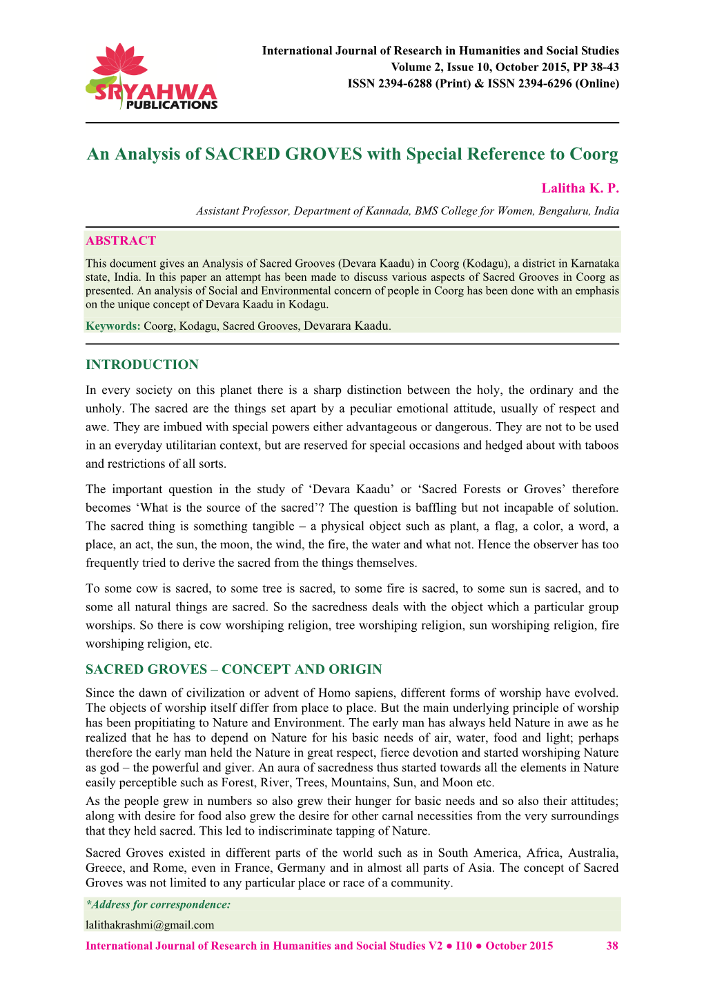 An Analysis of SACRED GROVES with Special Reference to Coorg