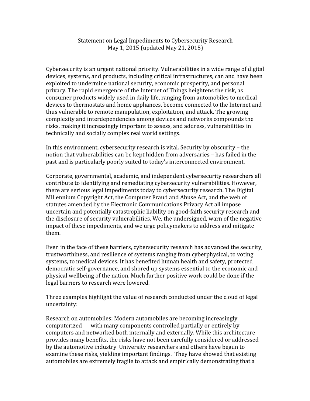 Statement on Legal Impediments to Cybersecurity Research May 1, 2015 (Updated May 21, 2015)