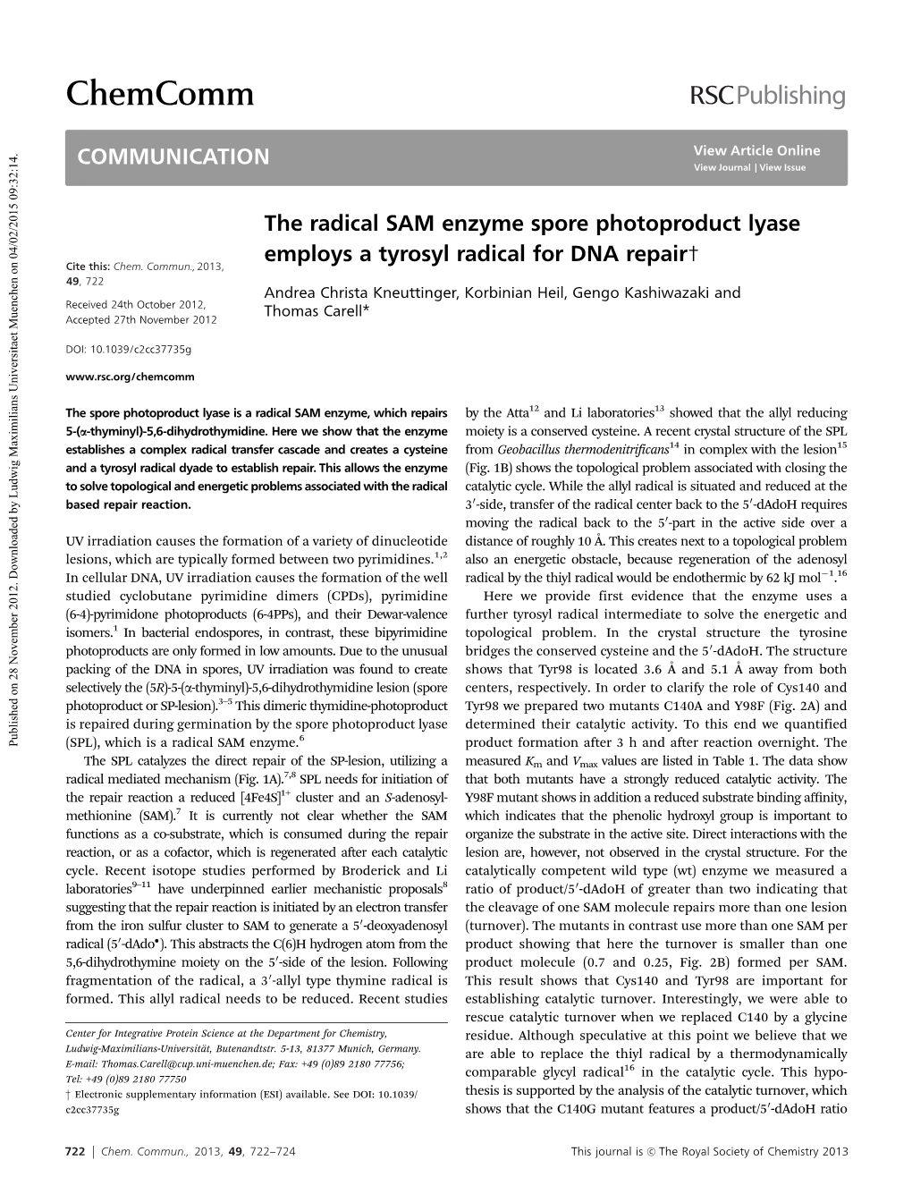 The Radical SAM Enzyme Spore Photoproduct Lyase Employs A