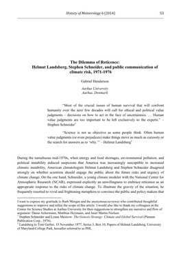 The Dilemma of Reticence: Helmut Landsberg, Stephen Schneider, and Public Communication of Climate Risk, 1971-1976