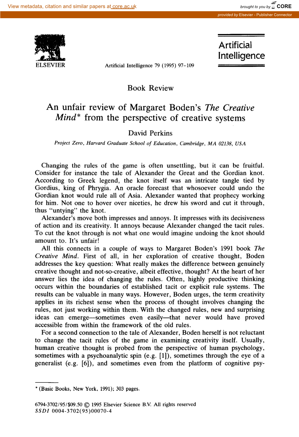 Artificial Intelligence an Unfair Review of Margaret Boden's the Creative
