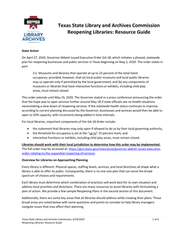 Texas State Library and Archives Commission Reopening Libraries: Resource Guide