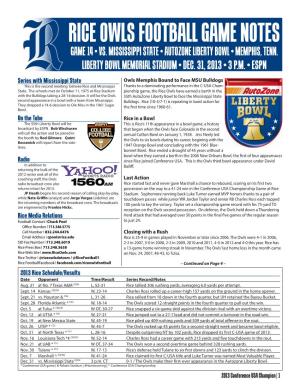 Rice Owls Football Game Notes Game 14 • Vs