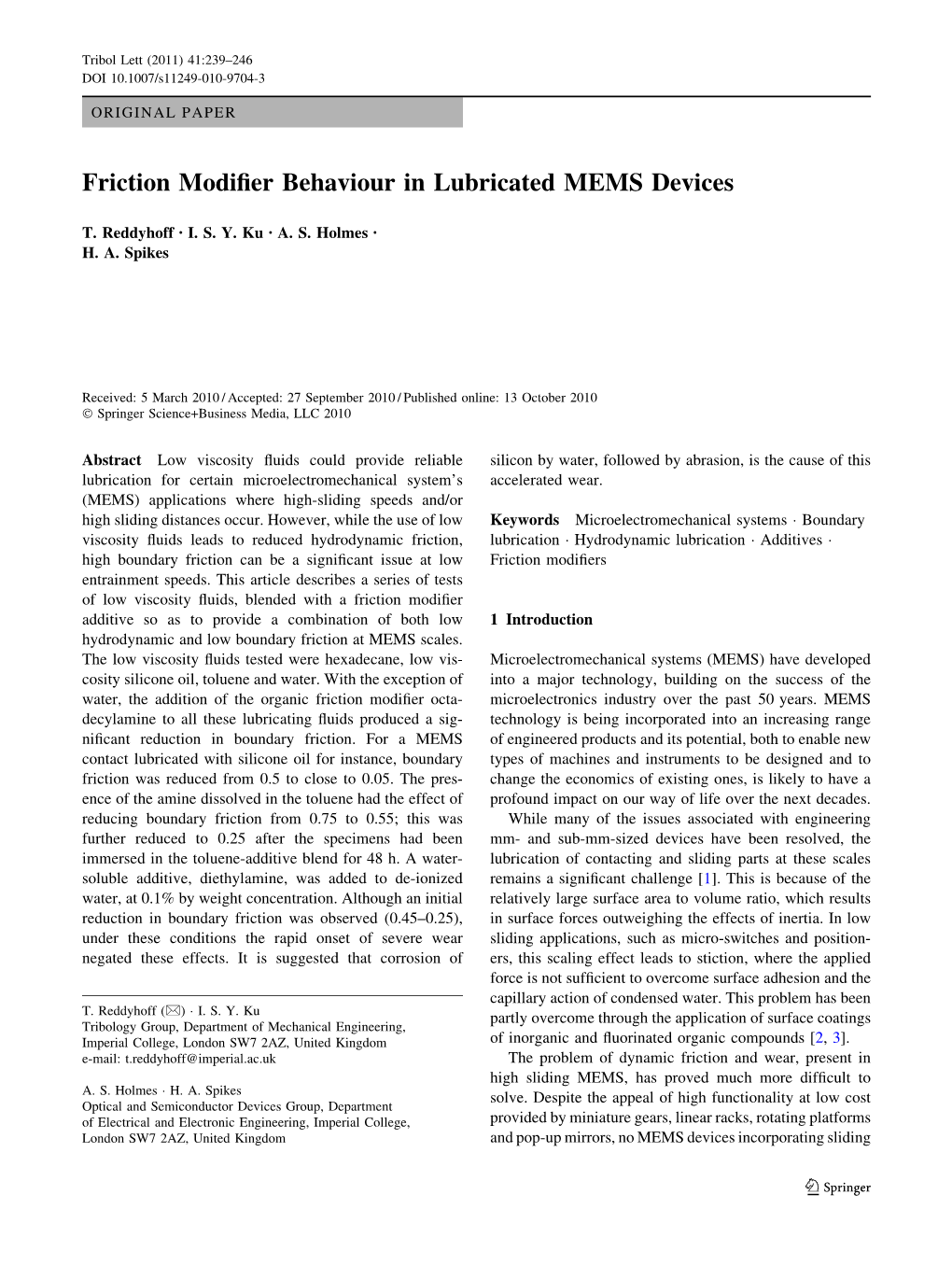 Friction Modifier Behaviour in Lubricated MEMS Devices