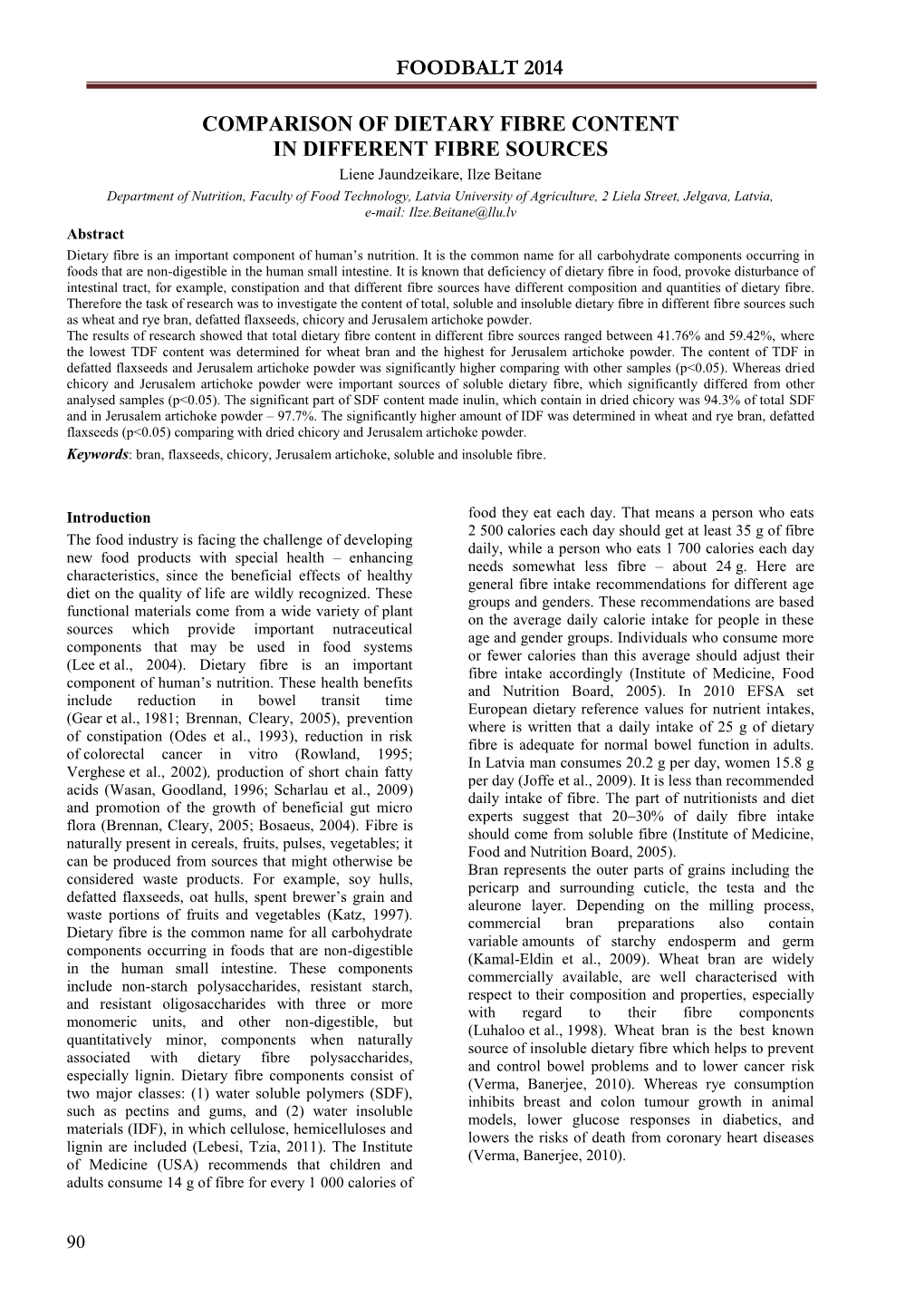 Comparison of Dietary Fibre Content in Different