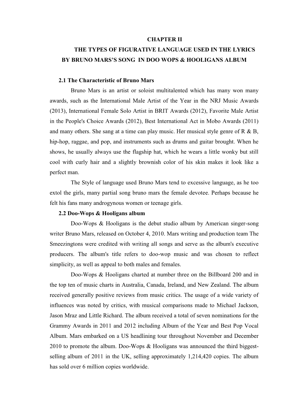 Chapter Ii the Types of Figurative Language Used in the Lyrics by Bruno Mars’S Song in Doo Wops & Hooligans Album