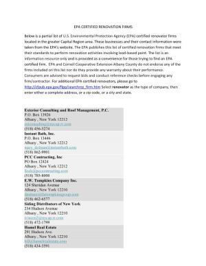 EPA CERTIFIED RENOVATION FIRMS Below Is a Partial List of US Environmental Protection Agency