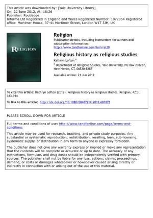Religious History As Religious Studies