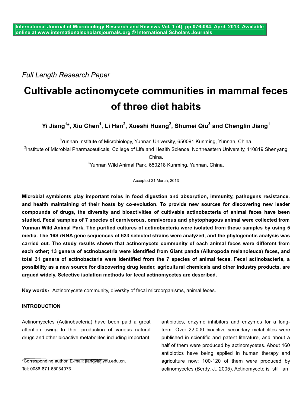 Cultivable Actinomycete Communities in Mammal Feces of Three Diet Habits
