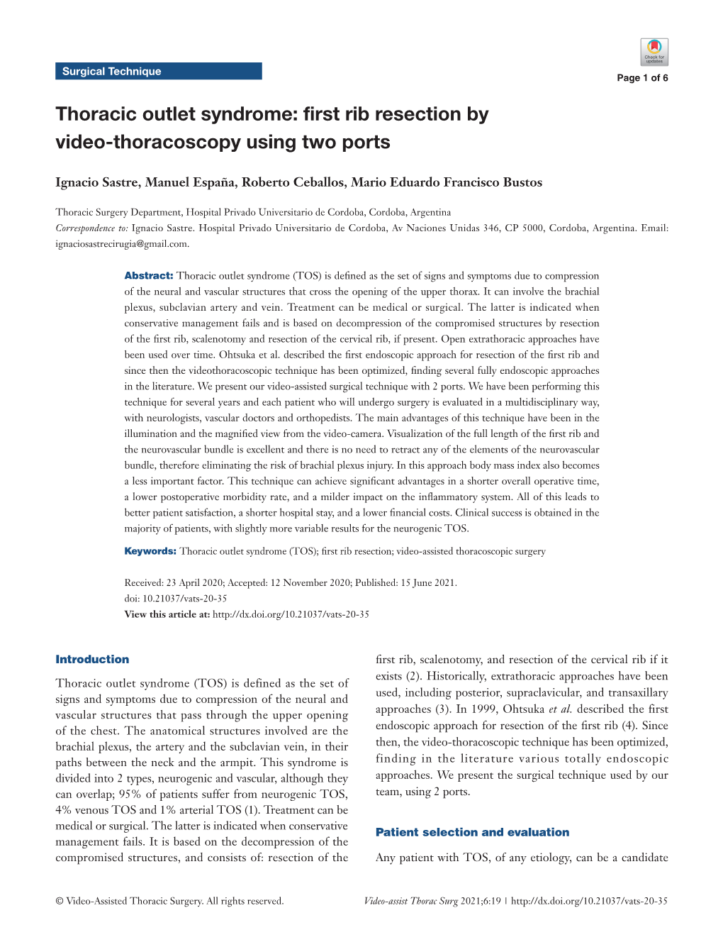 Thoracic Outlet Syndrome: First Rib Resection by Video-Thoracoscopy Using Two Ports