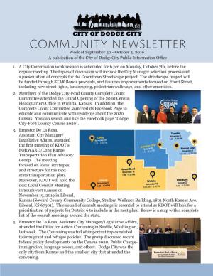 Community Newsletter Week of September 30 - October 4, 2019 a Publication of the City of Dodge City Public Information Office