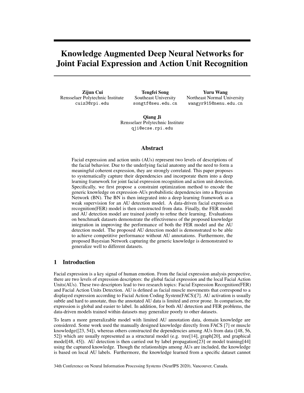 Knowledge Augmented Deep Neural Networks for Joint Facial Expression and Action Unit Recognition