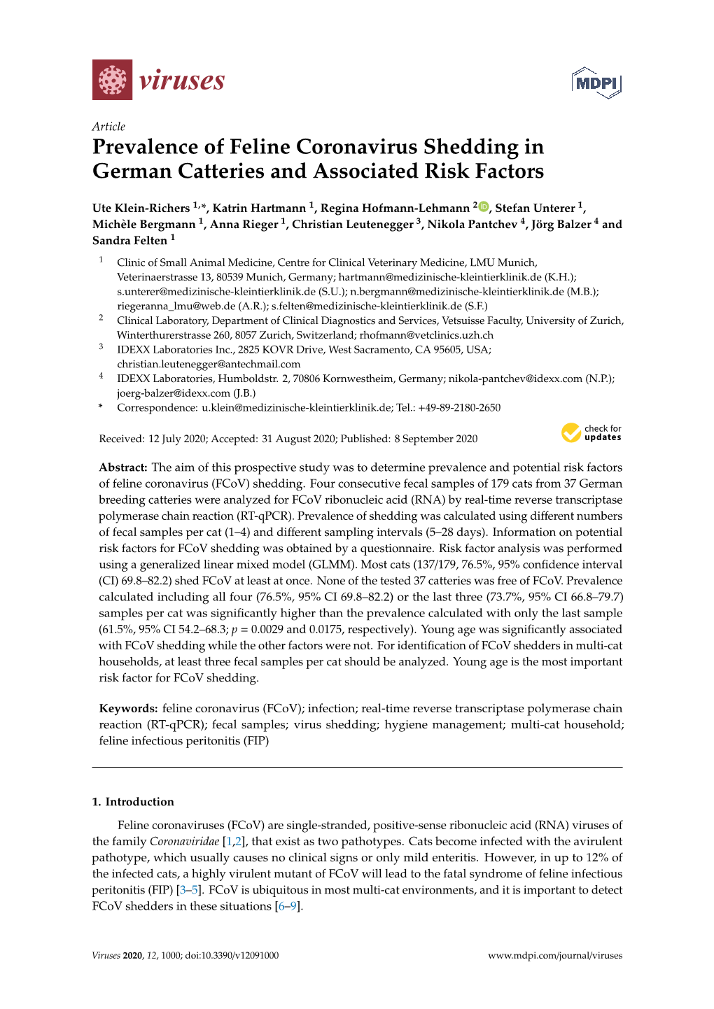 Prevalence of Feline Coronavirus Shedding in German Catteries and Associated Risk Factors