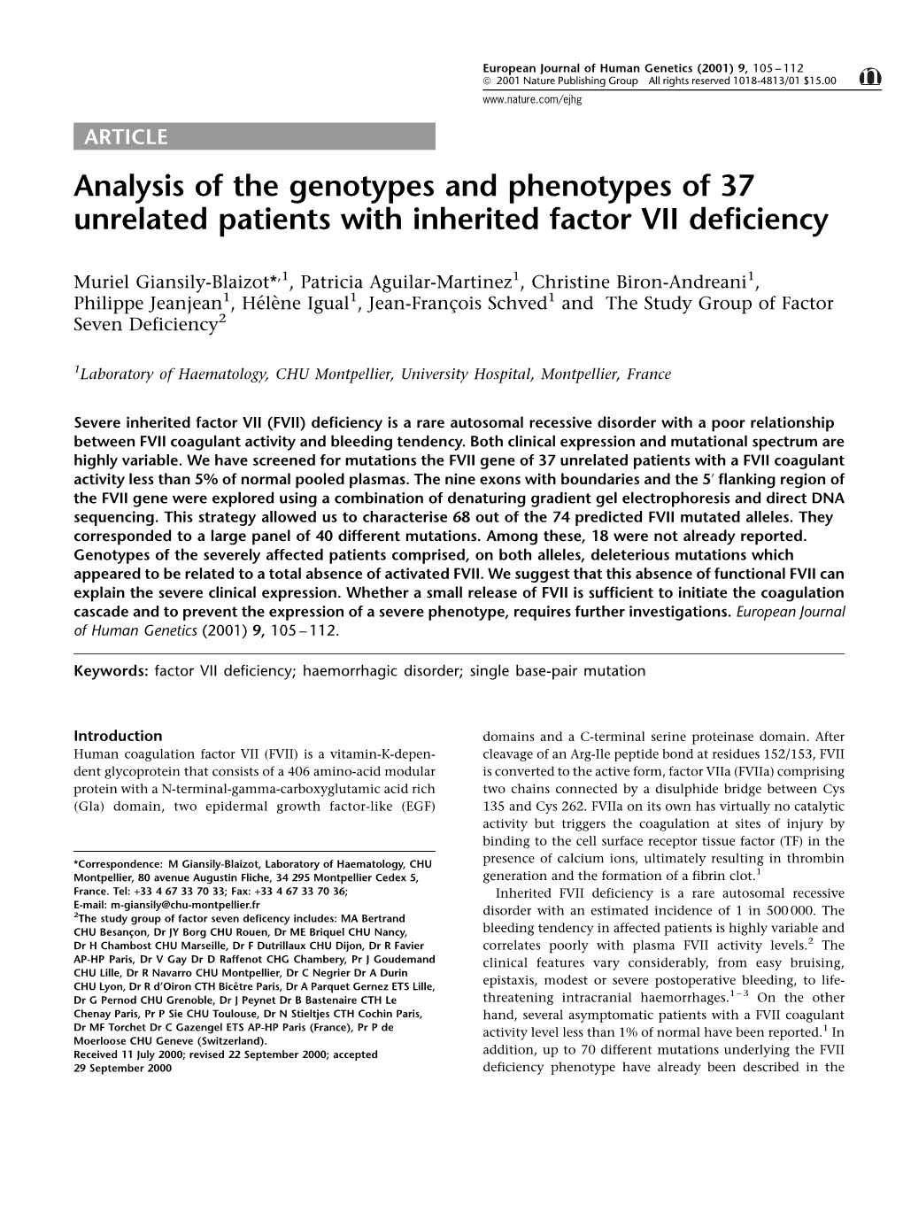 Analysis of the Genotypes and Phenotypes of 37 Unrelated Patients with Inherited Factor VII Deficiency