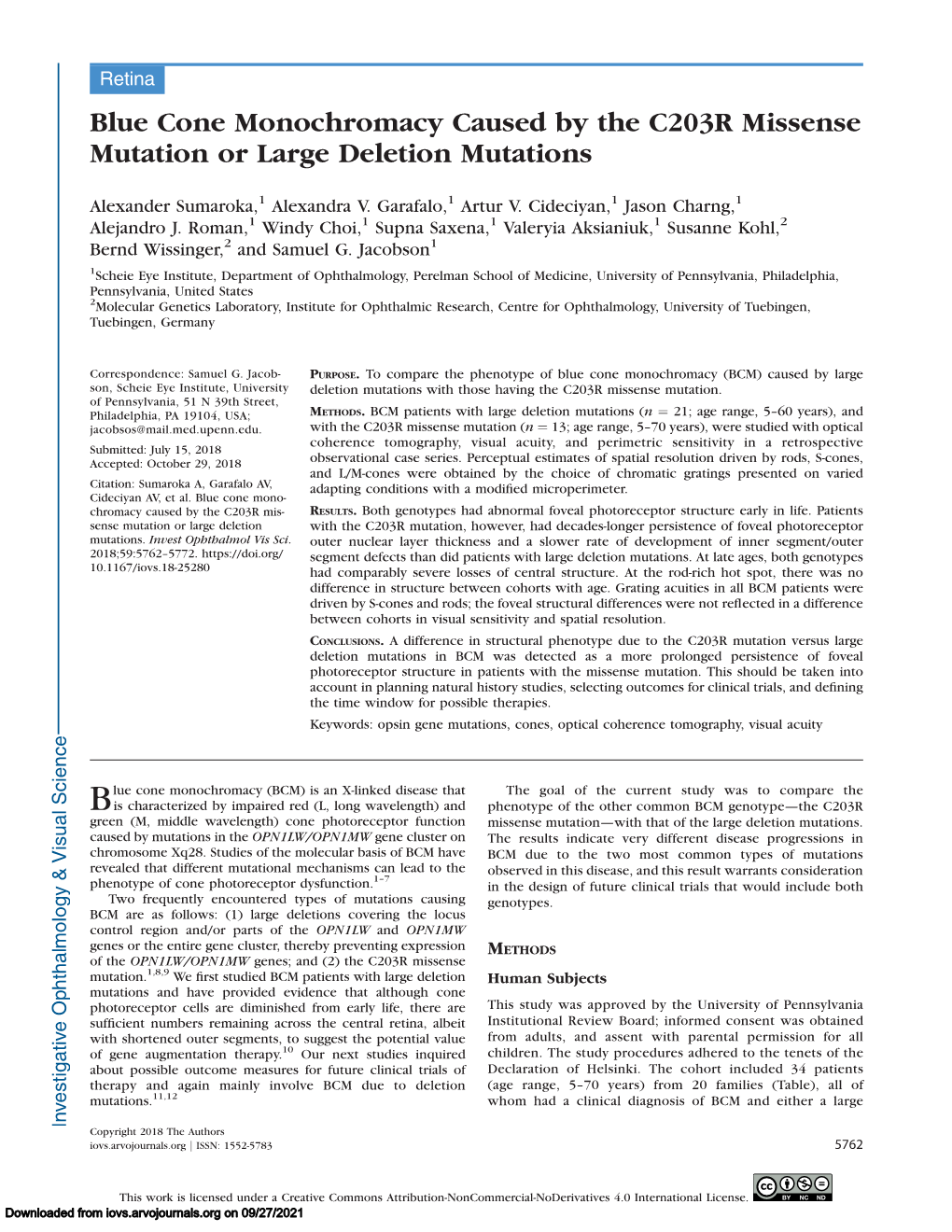 Blue Cone Monochromacy Caused by the C203R Missense Mutation Or Large Deletion Mutations