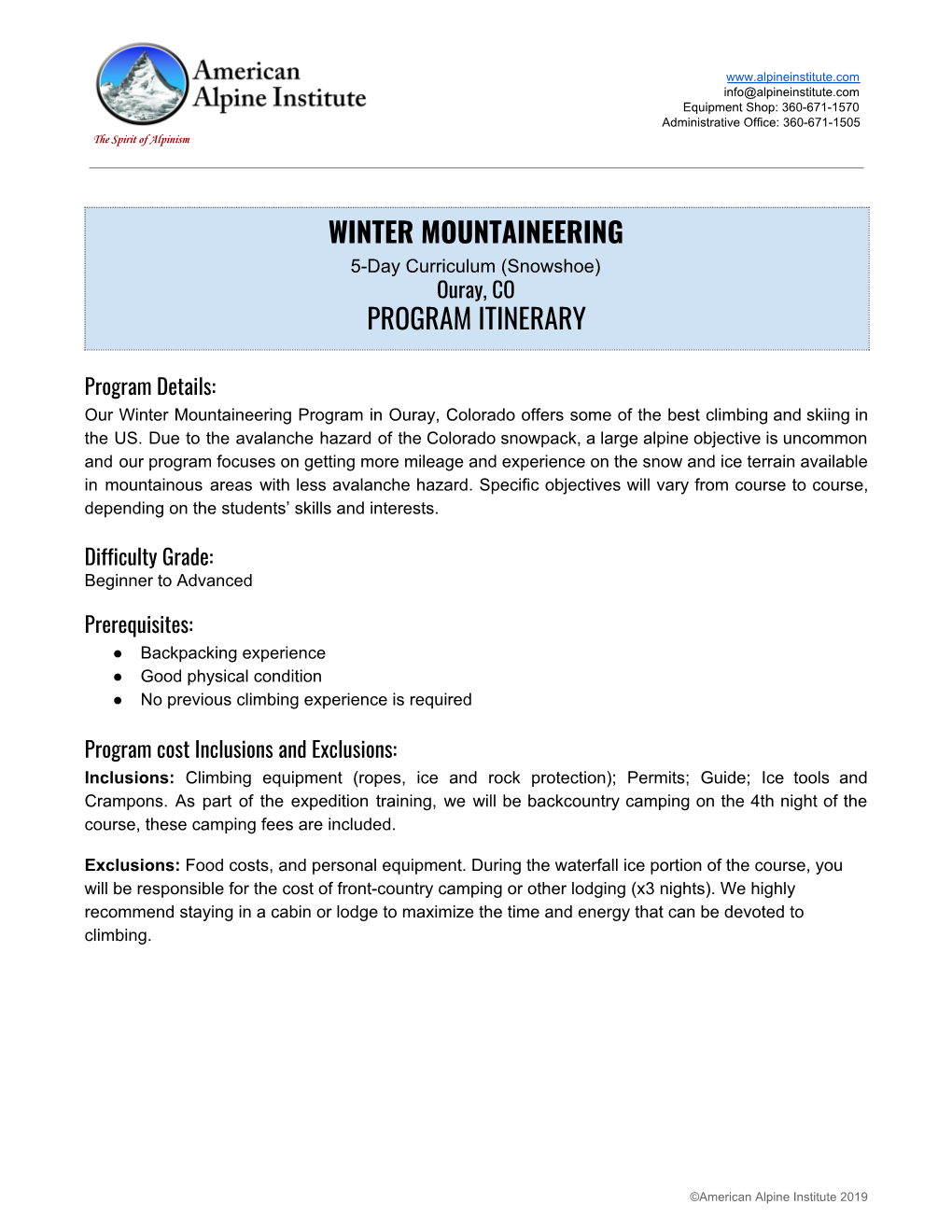 Winter Mountaineering Program Itinerary