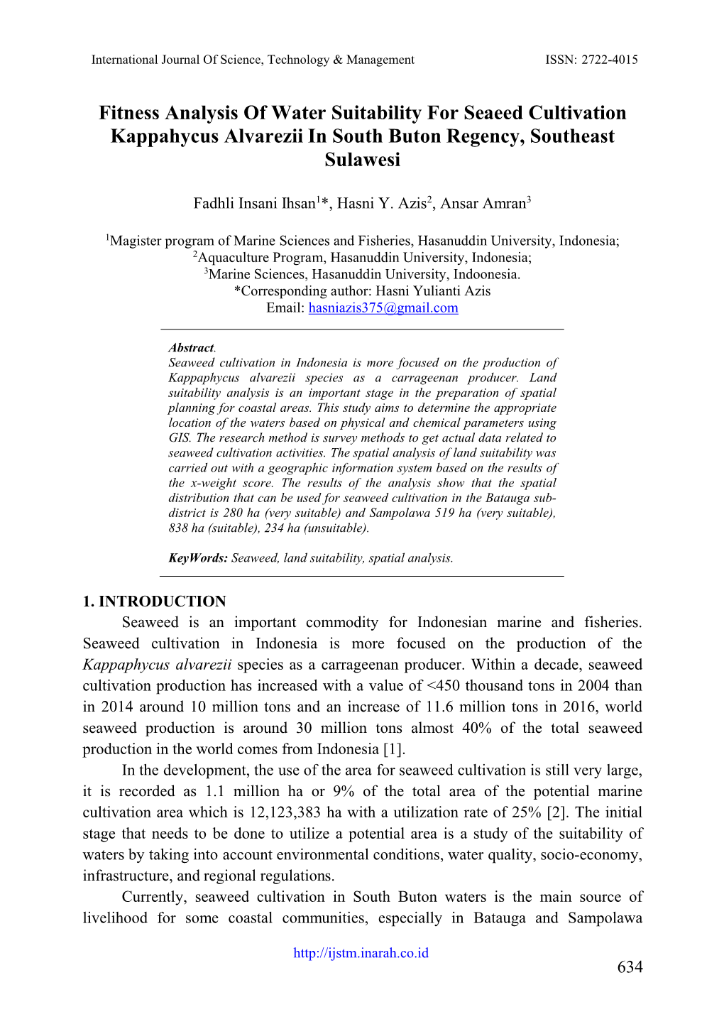 Fitness Analysis of Water Suitability for Seaeed Cultivation Kappahycus Alvarezii in South Buton Regency, Southeast Sulawesi