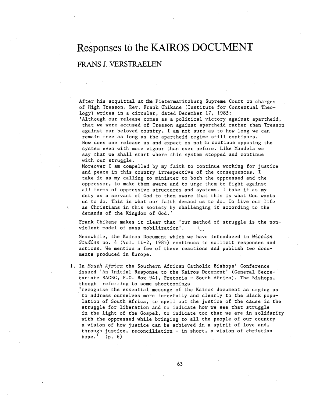 63 Responses to the KAIROS DOCLTMENT FRANS J. VERSTRAELEN After His Acquittal at the Pietermaritzburg Supreme Court on Charges O