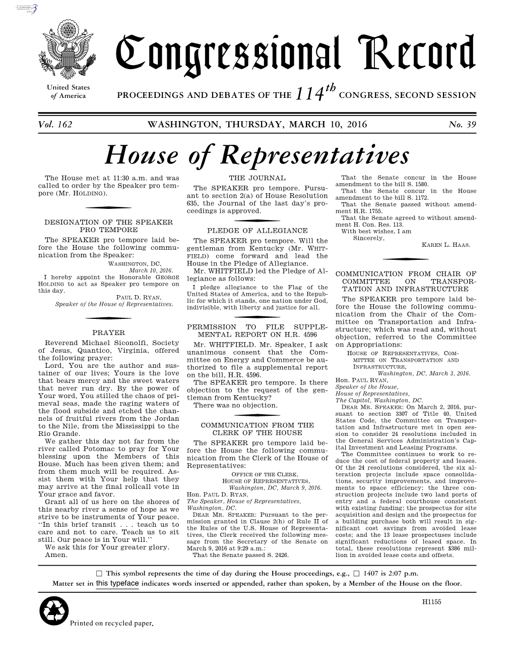 Congressional Record United States Th of America PROCEEDINGS and DEBATES of the 114 CONGRESS, SECOND SESSION