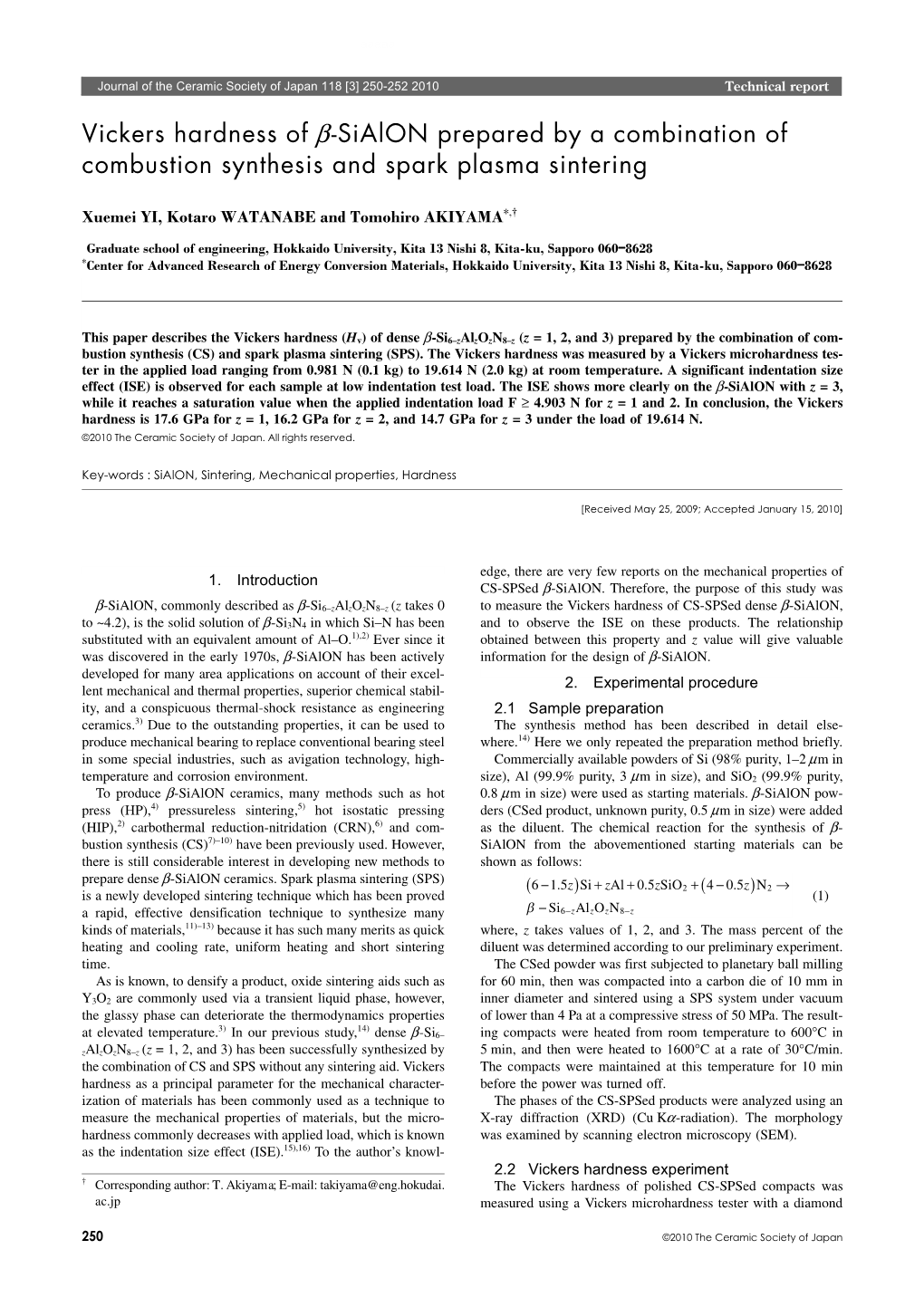 Vickers Hardness of Β-Sialon Prepared by a Combination of Combustion Synthesis and Spark Plasma Sintering