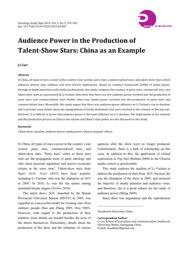 Audience Power in the Production of Talent-Show Stars: China As An