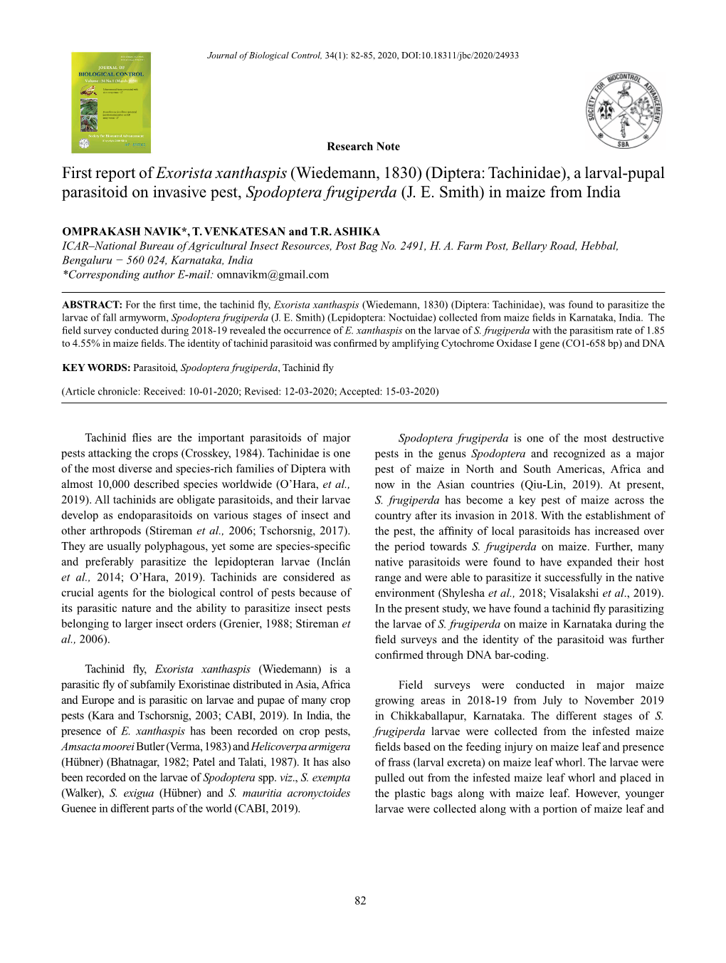 First Report of Exorista Xanthaspis (Wiedemann, 1830) (Diptera: Tachinidae), a Larval-Pupal Parasitoid on Invasive Pest, Spodoptera Frugiperda (J