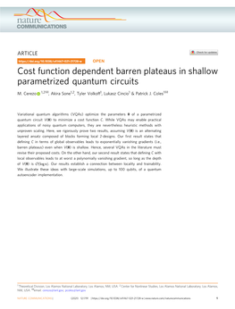 Cost Function Dependent Barren Plateaus in Shallow Parametrized Quantum Circuits ✉ ✉ M