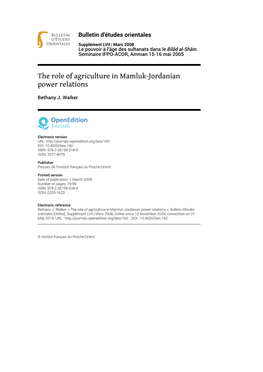 The Role of Agriculture in Mamluk-Jordanian Power Relations