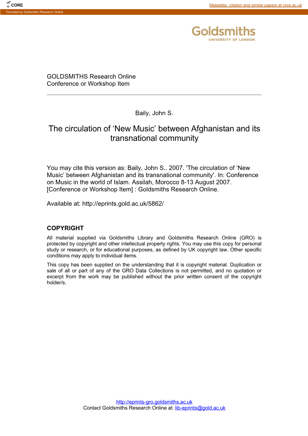 New Music" Between Afghanistan and Its Transnational Community by John Baily* (London, United Kingdom)