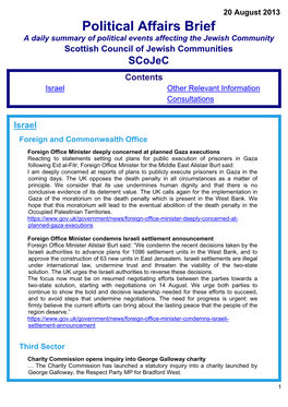 Political Affairs Brief a Daily Summary of Political Events Affecting the Jewish Community