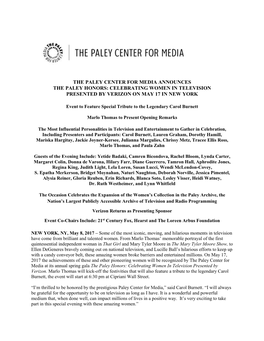 The Paley Center for Media Announces the Paley Honors: Celebrating Women in Television Presented by Verizon on May 17 in New York