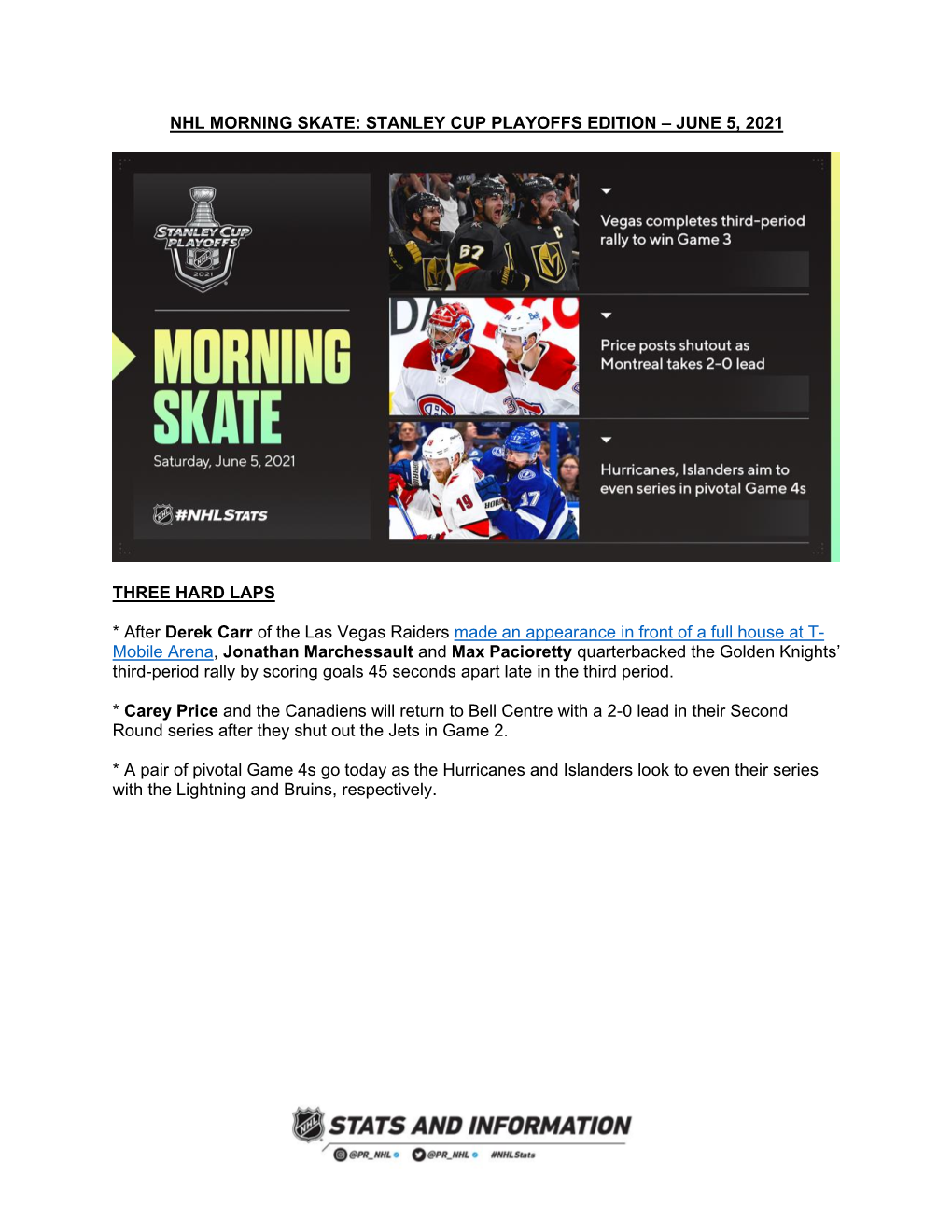 Nhl Morning Skate: Stanley Cup Playoffs Edition – June 5, 2021