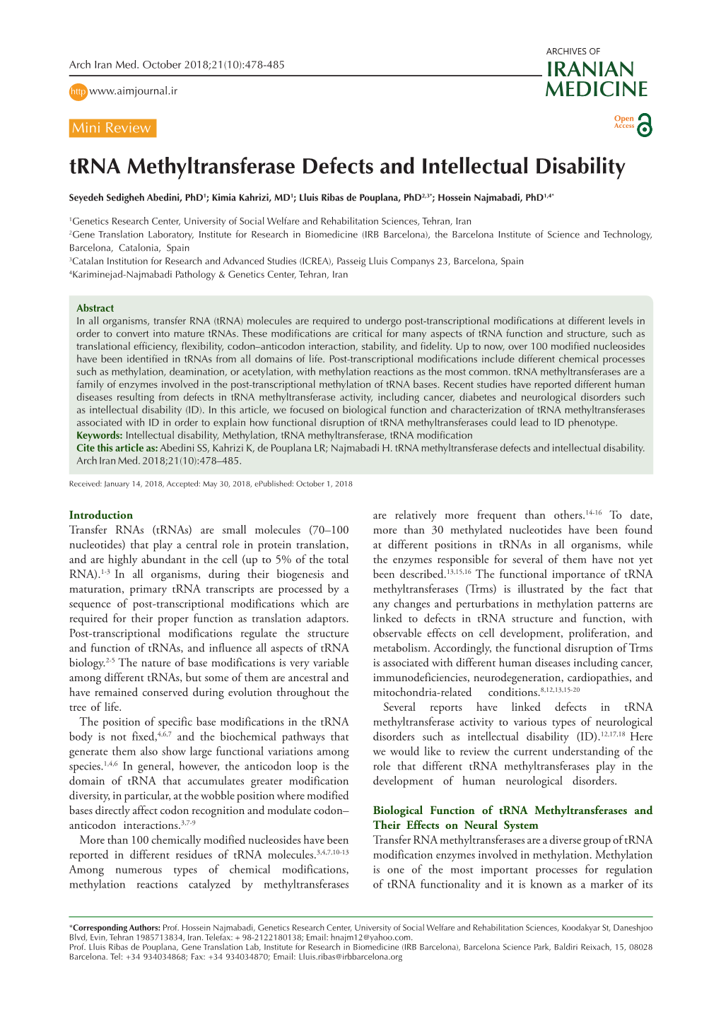 Trna Methyltransferase Defects and Intellectual Disability