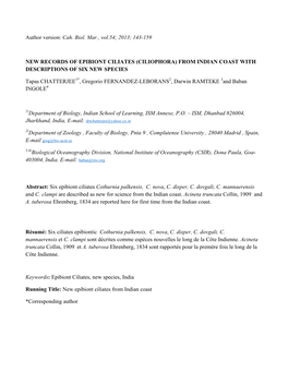 Author Version: Cah. Biol. Mar., Vol.54; 2013; 143-159 NEW RECORDS of EPIBIONT CILIATES (CILIOPHORA) from INDIAN COAST with DESC