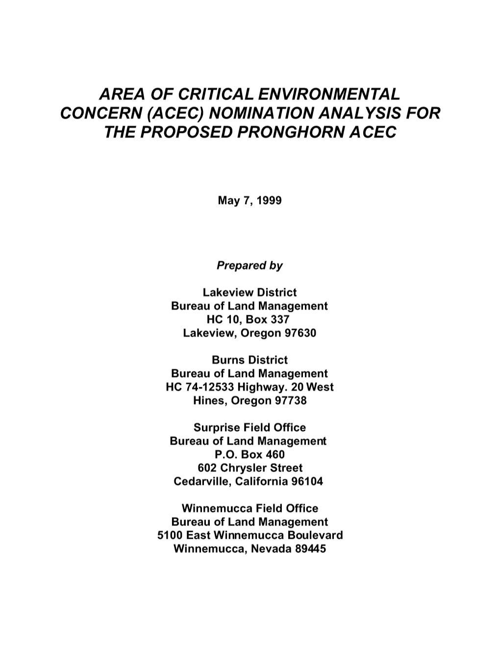 Area of Critical Environmental Concern Nomination Analysis For