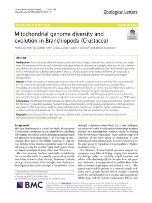 Mitochondrial Genome Diversity and Evolution in Branchiopoda (Crustacea) Andrea Luchetti1* , Giobbe Forni1, Alyza M