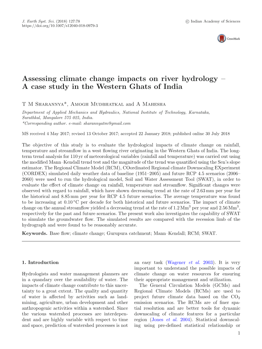 Assessing Climate Change Impacts on River Hydrology – a Case Study in the Western Ghats of India