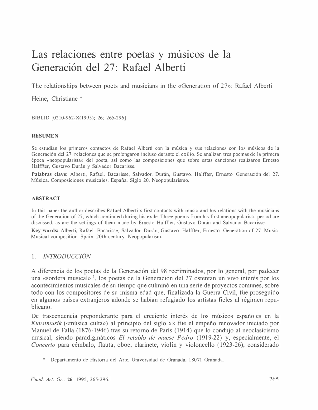 Las Relaciones Entre Poetas Y Músicos De La Generación Del 27: Rafael Alberti