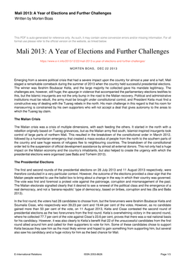 Mali 2013: a Year of Elections and Further Challenges Written by Morten Boas