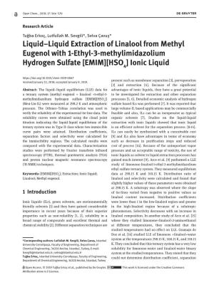 Liquid−Liquid Extraction of Linalool from Methyl Eugenol with 1-Ethyl-3-Methylimidazolium