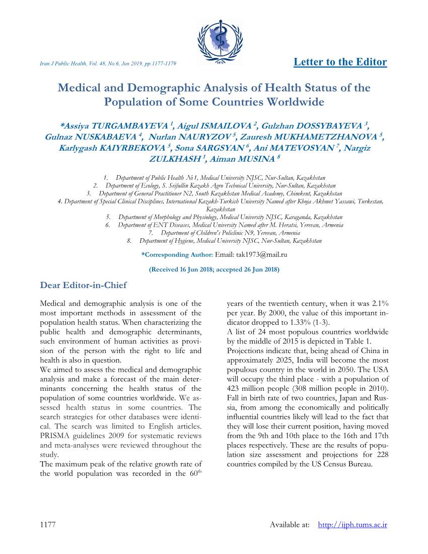 Medical and Demographic Analysis of Health Status of the Population of Some Countries Worldwide