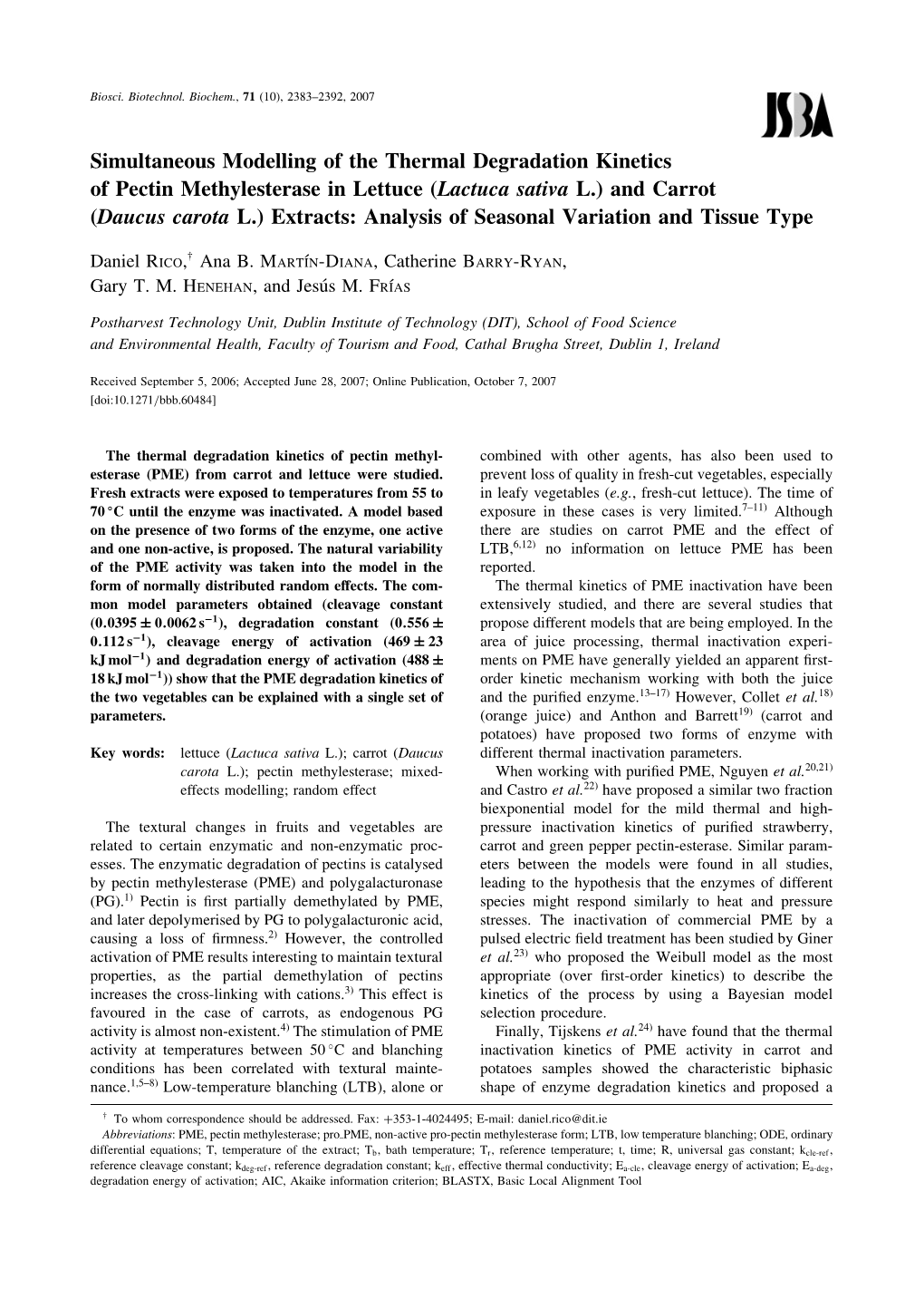 Simultaneous Modelling of the Thermal Degradation Kinetics of Pectin Methylesterase in Lettuce (Lactuca Sativa L.) and Carrot (Daucus Carota L.) Extracts: Analysis of Seasonal Variation